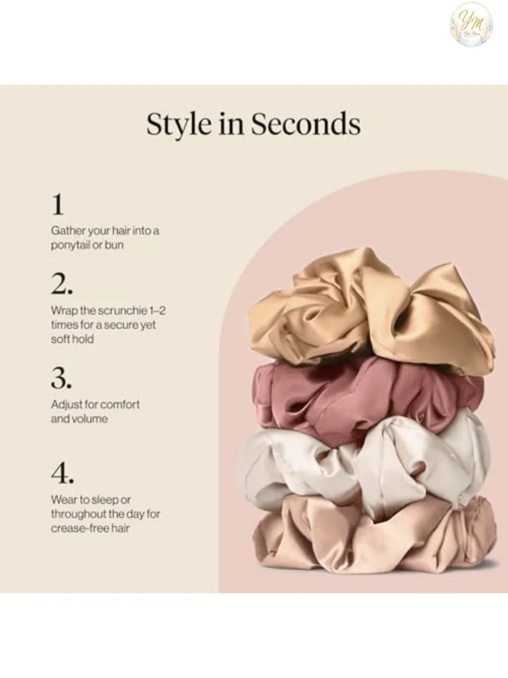 Satin Scrunchies for Women - 4 Pack, Soft Hair Ties No Crease, Gentle for Sleep